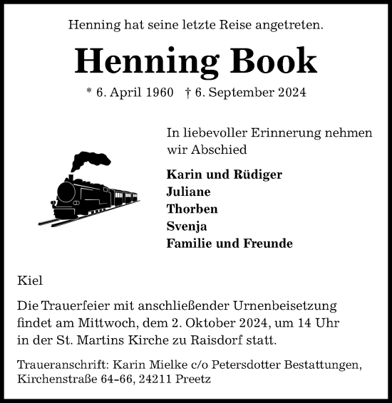 Traueranzeige von Henning Book von Kieler Nachrichten