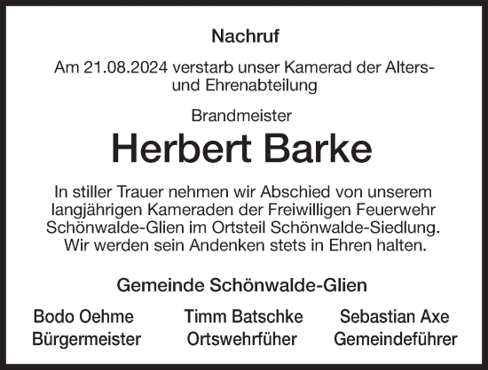 Traueranzeige von Herbert Barke von Märkischen Allgemeine Zeitung