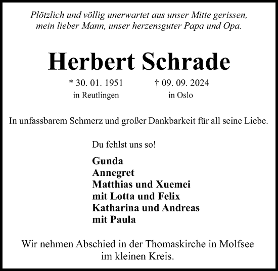 Traueranzeige von Herbert Schrade von Kieler Nachrichten