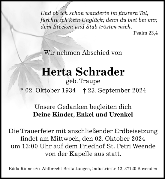 Traueranzeige von Herta Schrader von Göttinger Tageblatt