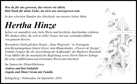 Traueranzeige von Hertha Hinze von Wochenspiegel