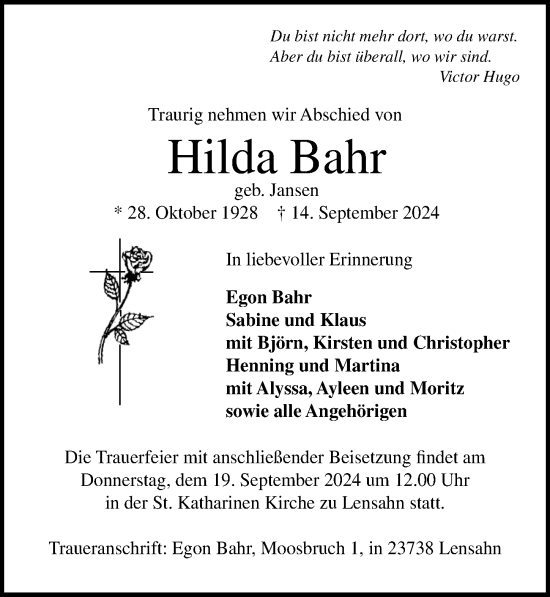 Traueranzeige von Hilda Bahr von Lübecker Nachrichten