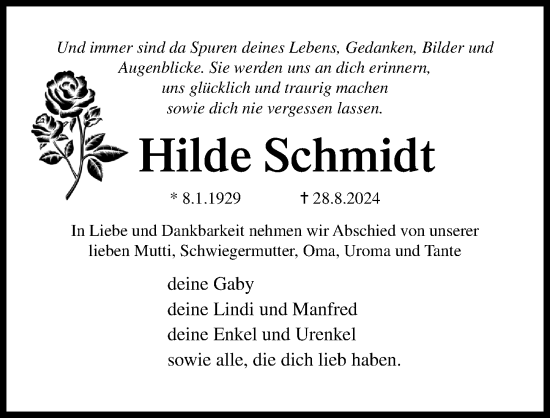 Traueranzeige von Hilde Schmidt von Ostsee-Zeitung GmbH