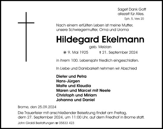 Traueranzeige von Hildegard Ekelmann von Aller Zeitung