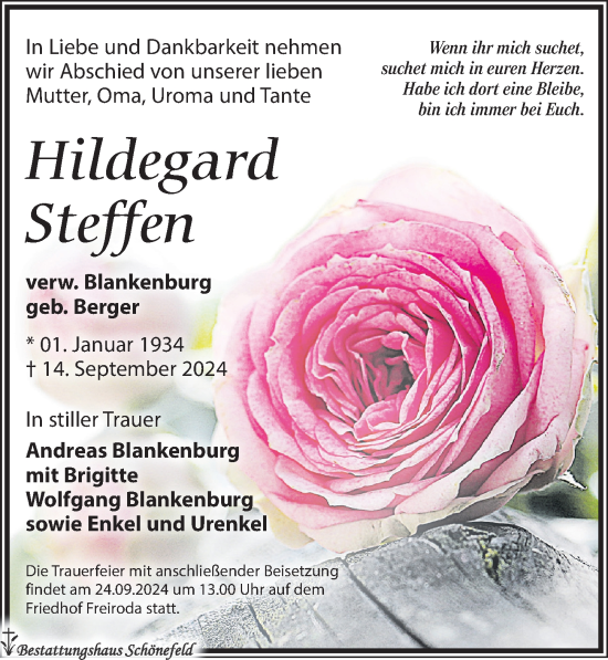 Traueranzeige von Hildegard Steffen von Leipziger Volkszeitung