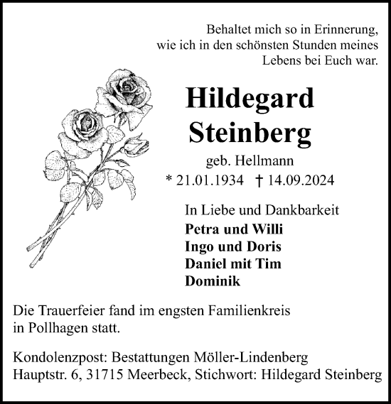 Traueranzeige von Hildegard Steinberg von Schaumburger Nachrichten