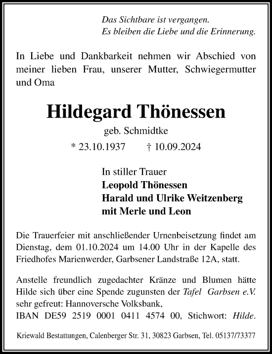 Traueranzeige von Hildegard Thönessen von Hannoversche Allgemeine Zeitung/Neue Presse