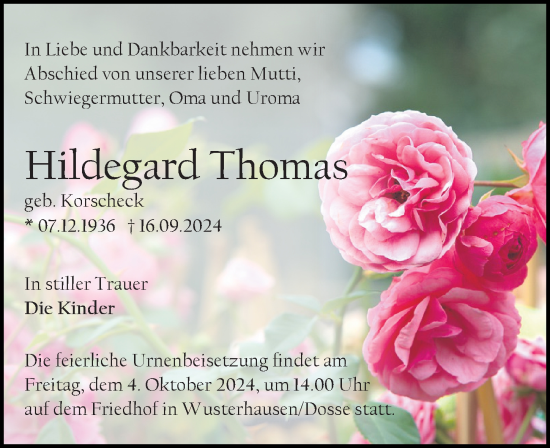 Traueranzeige von Hildegard Thomas von Wochenspiegel