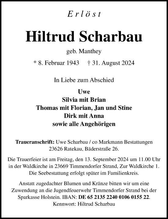 Traueranzeige von Hiltrud Scharbau von Lübecker Nachrichten