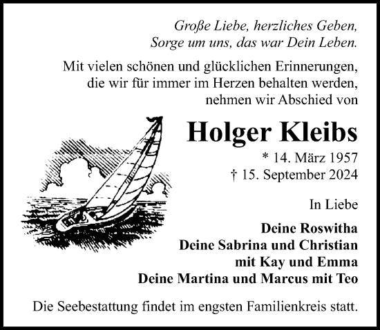 Traueranzeige von Holger Kleibs von Ostsee-Zeitung GmbH