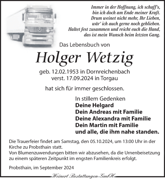 Traueranzeige von Holger Wetzig von Torgauer Zeitung