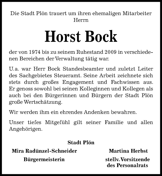 Traueranzeige von Horst Bock von Kieler Nachrichten