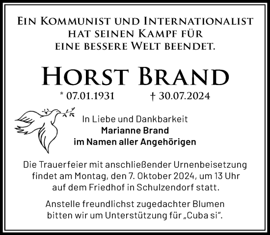 Traueranzeige von Horst Brand von Märkischen Allgemeine Zeitung