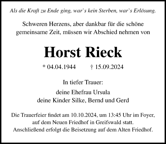 Traueranzeige von Horst Rieck von Ostsee-Zeitung GmbH