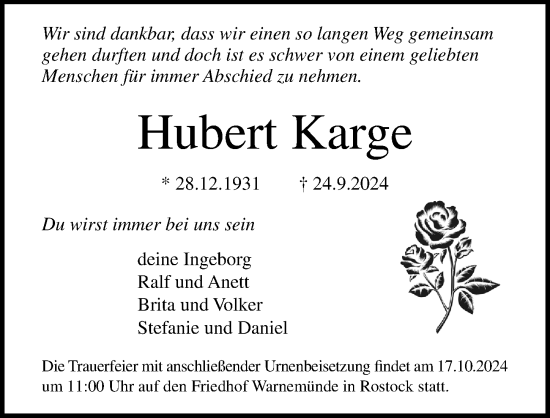 Traueranzeige von Hubert Karge von Ostsee-Zeitung GmbH