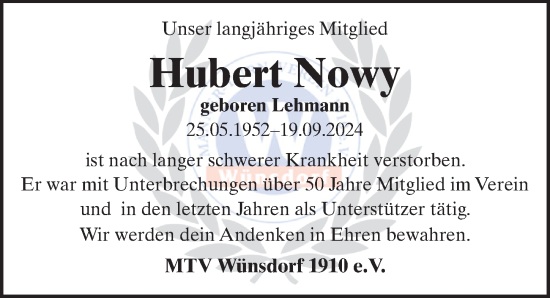 Traueranzeige von Hubert Nowy von Märkischen Allgemeine Zeitung