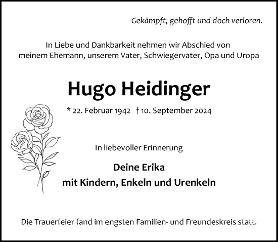 Traueranzeige von Hugo Heidinger von Lübecker Nachrichten