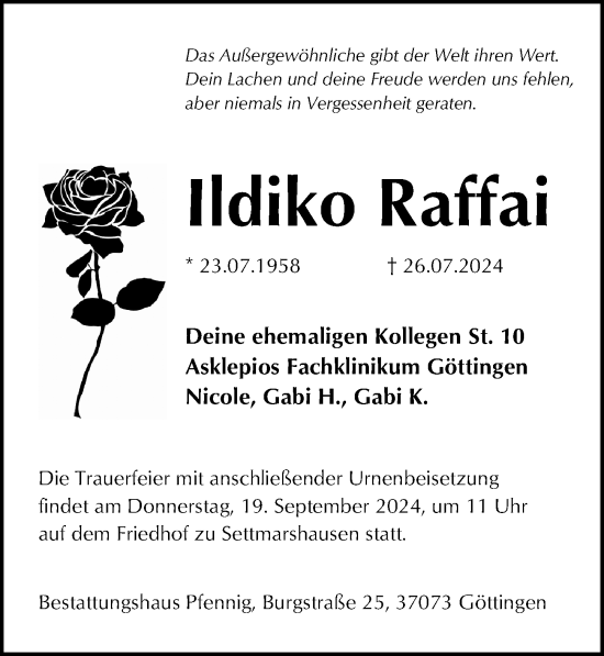 Traueranzeige von Ildiko Raffai von Göttinger Tageblatt