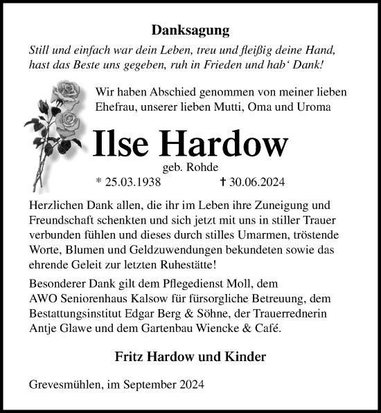 Traueranzeige von Ilse Hardow von Ostsee-Zeitung GmbH