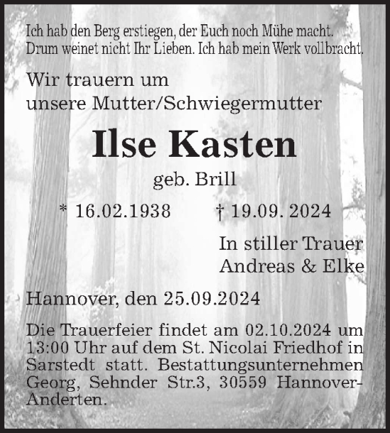 Traueranzeige von Ilse Kasten von Hannoversche Allgemeine Zeitung/Neue Presse