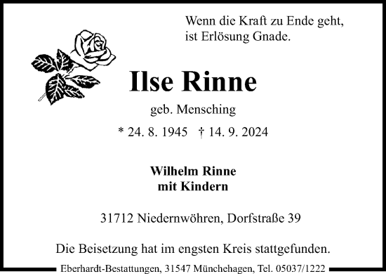 Traueranzeige von Ilse Rinne von Schaumburger Nachrichten