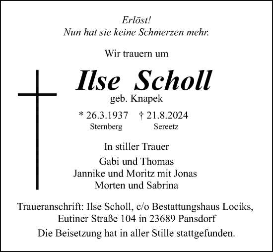 Traueranzeige von Ilse Scholl von Lübecker Nachrichten