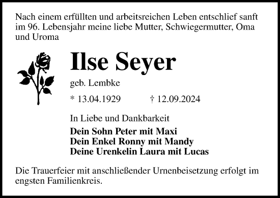 Traueranzeige von Ilse Seyer von Ostsee-Zeitung GmbH