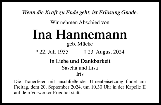 Traueranzeige von Ina Hannemann von Lübecker Nachrichten