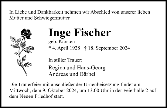 Traueranzeige von Inge Fischer von Ostsee-Zeitung GmbH