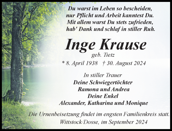 Traueranzeige von Inge Krause von Wochenspiegel