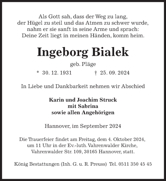 Traueranzeige von Ingeborg Bialek von Hannoversche Allgemeine Zeitung/Neue Presse