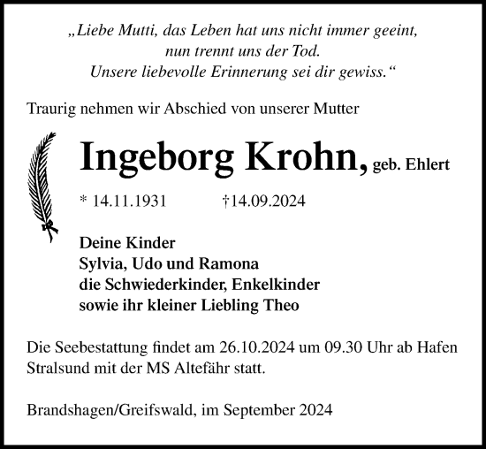 Traueranzeige von Ingeborg Krohn von Ostsee-Zeitung GmbH