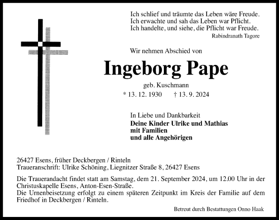 Traueranzeige von Ingeborg Pape von Schaumburger Nachrichten und Schaumburger Zeitung/ Landes-Zeitung