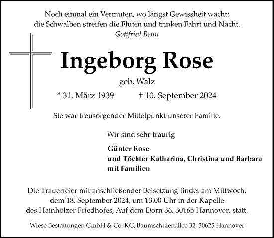 Traueranzeige von Ingeborg Rose von Hannoversche Allgemeine Zeitung/Neue Presse