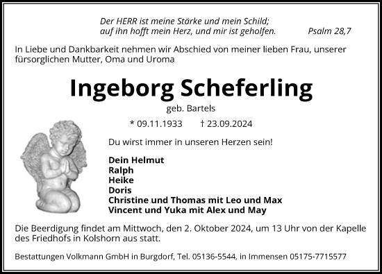 Traueranzeige von Ingeborg Scheferling von Hannoversche Allgemeine Zeitung/Neue Presse