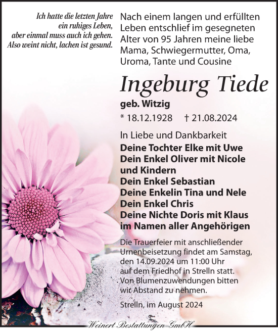 Traueranzeige von Ingeburg Tiede von Torgauer Zeitung