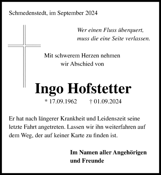 Traueranzeige von Ingo Hofstetter von Peiner Allgemeine Zeitung