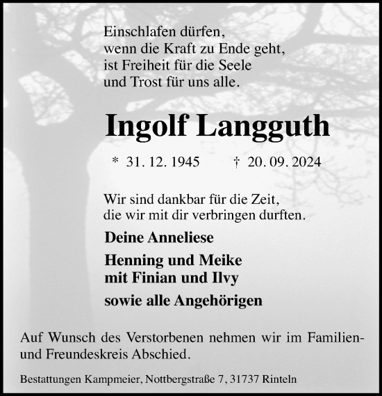 Traueranzeige von Ingolf Langguth von Schaumburger Nachrichten und Schaumburger Zeitung/ Landes-Zeitung