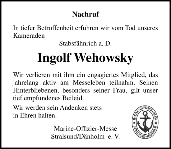 Traueranzeige von Ingolf Wehowsky von Ostsee-Zeitung GmbH