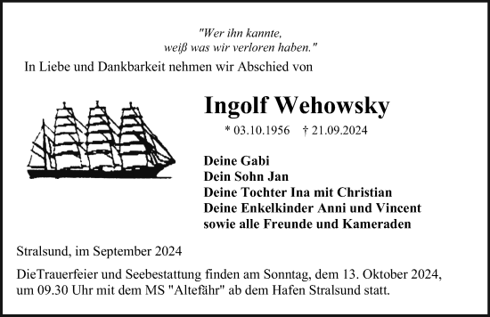 Traueranzeige von Ingolf Wehowsky von Ostsee-Zeitung GmbH