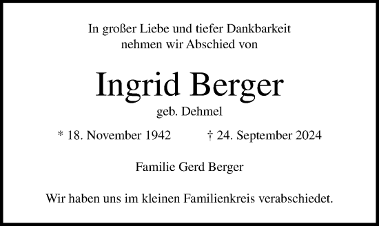 Traueranzeige von Ingrid Berger von Lübecker Nachrichten