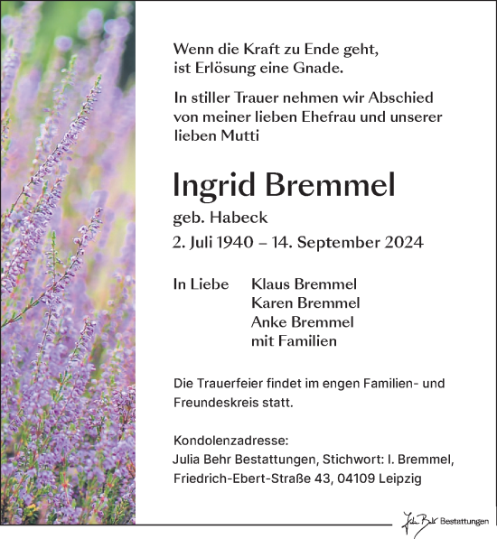 Traueranzeige von Ingrid Bremmel von Leipziger Volkszeitung