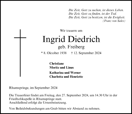 Traueranzeige von Ingrid Diedrich von Eichsfelder Tageblatt