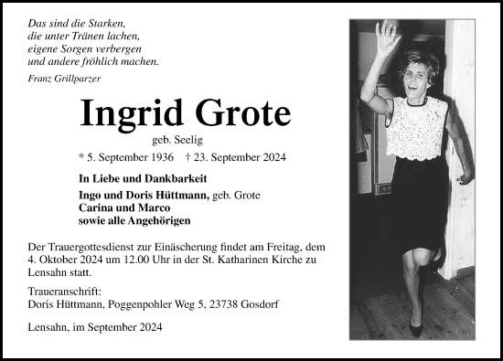 Traueranzeige von Ingrid Grote von Lübecker Nachrichten