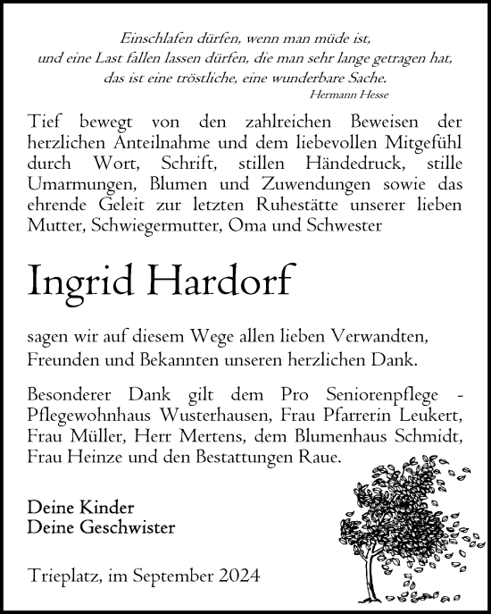 Traueranzeige von Ingrid Hardorf von Wochenspiegel