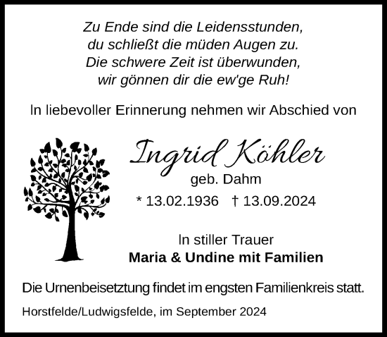 Traueranzeige von Ingrid Köhler von Märkischen Allgemeine Zeitung