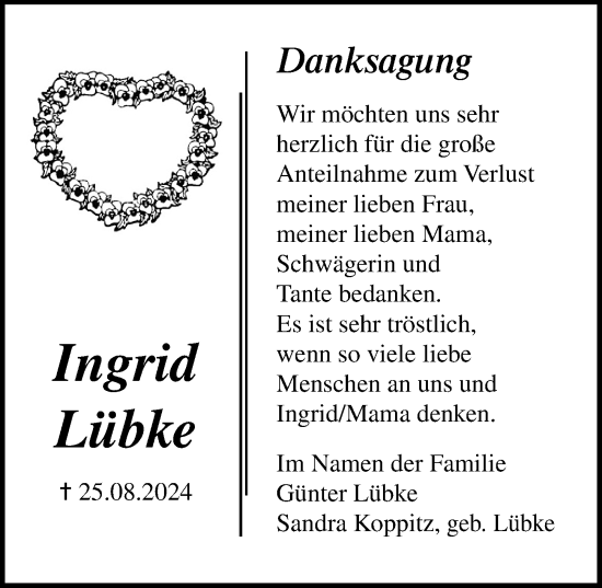 Traueranzeige von Ingrid Lübke von Lübecker Nachrichten