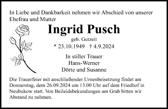 Traueranzeige von Ingrid Pusch von Ostsee-Zeitung GmbH