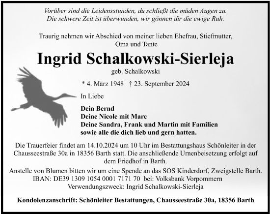 Traueranzeige von Ingrid  Schalkowski-Sierleja von Ostsee-Zeitung GmbH