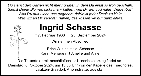 Traueranzeige von Ingrid Schasse von Hannoversche Allgemeine Zeitung/Neue Presse